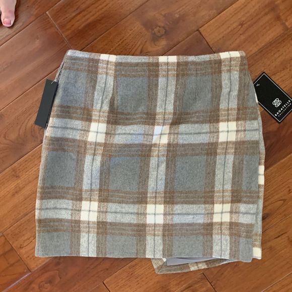 Vintage Inspired Bagatelle Fleece Faux Wrap Skirt Gray Ivory Brown Plaid Size M - Picture 9 of 9